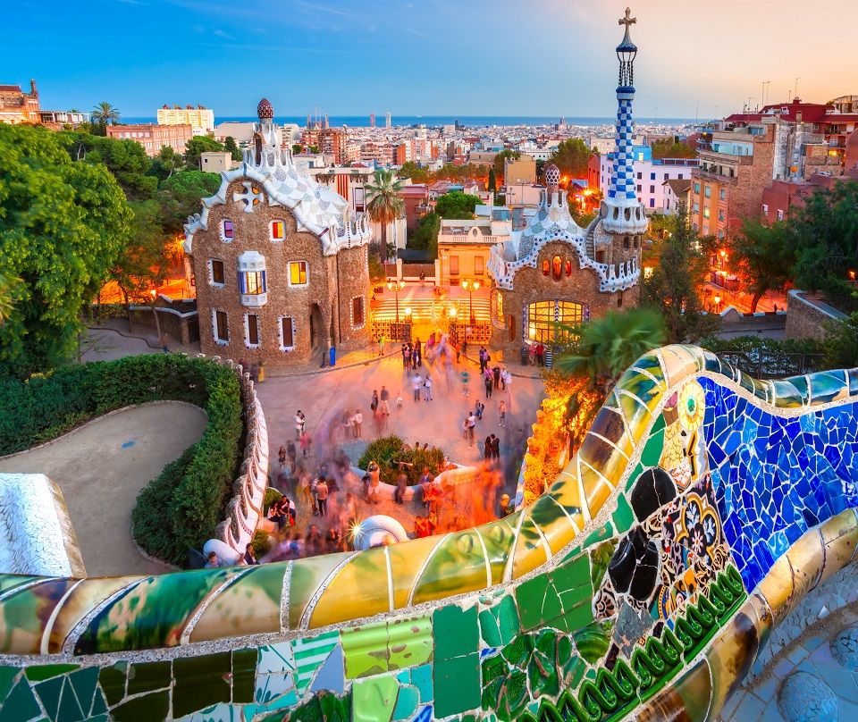 Park Guell entrance at sunset