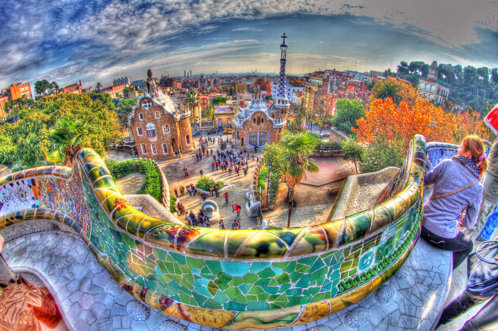 Park Guell entrance wide angle view from inside colored